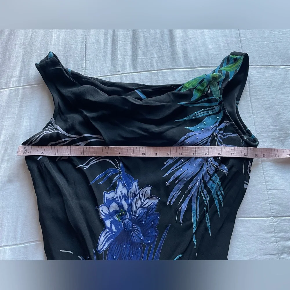 Vintage Eva Blue Dark Floral Beaded Cowl Neck Asymmetric Slip Dress 8 Fairycore - Picture 5 of 8